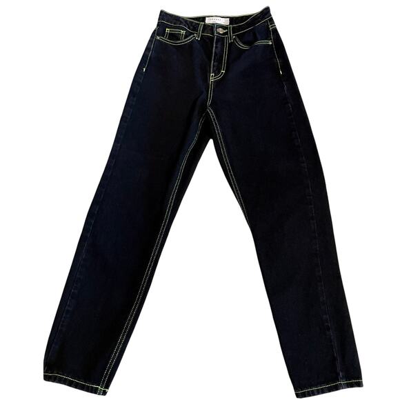 Topshop Mom Black W/ Bright Green Threading High Waisted Straight Leg Jean Sz 25 - Picture 10 of 11
